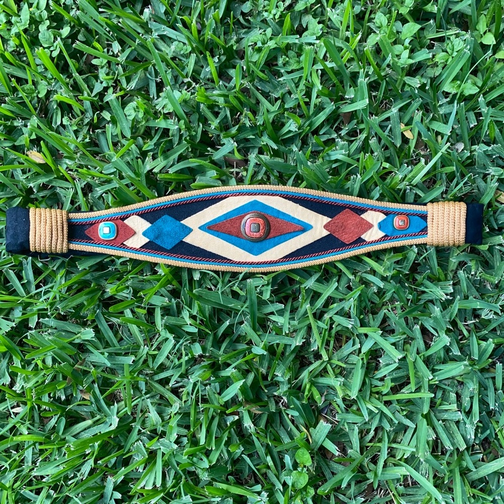 Vintage 1990s Belt Carolyn Tanner textile | adjustable Velcro Leather Turquoise